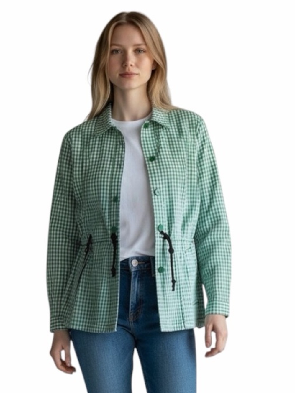 Denim & Co. Green Gingham Shirt Jacket Drawstring Waist Pockets size X-Small